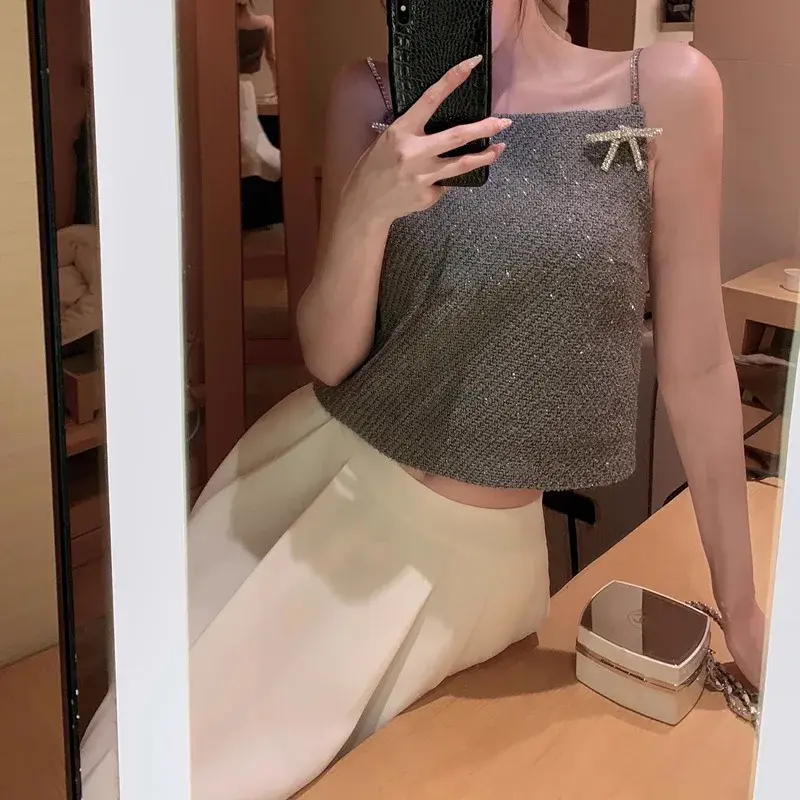 French Chic Diamond Bowknot Shiny Thread Wool Blend Tank Top Women's Design Short Shirt Quirky Genius Thousand Gold Wind