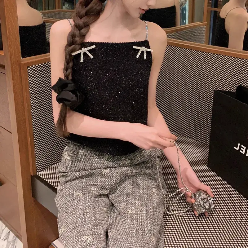 French Chic Diamond Bowknot Shiny Thread Wool Blend Tank Top Women's Design Short Shirt Quirky Genius Thousand Gold Wind