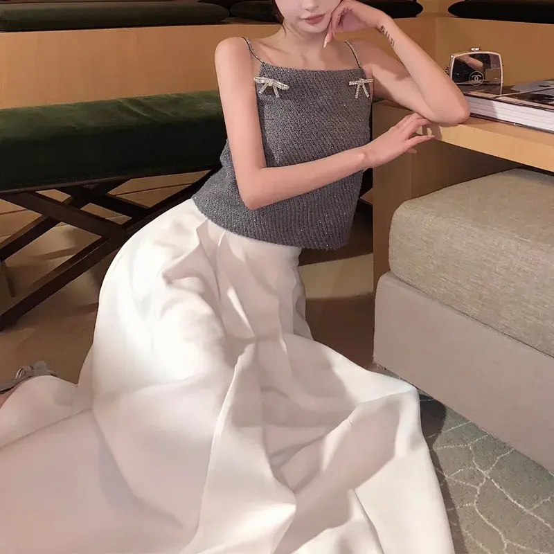 French Chic Diamond Bowknot Shiny Thread Wool Blend Tank Top Women's Design Short Shirt Quirky Genius Thousand Gold Wind