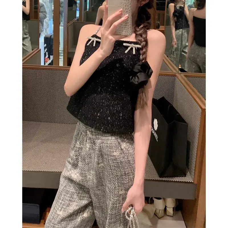 French Chic Diamond Bowknot Shiny Thread Wool Blend Tank Top Women's Design Short Shirt Quirky Genius Thousand Gold Wind