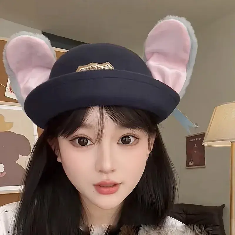 Women's Autumn Winter Fisherman Hat Judy Cartoon Police Rabbit Beret Cap Crazy Animal City round Top Lace Net Hat