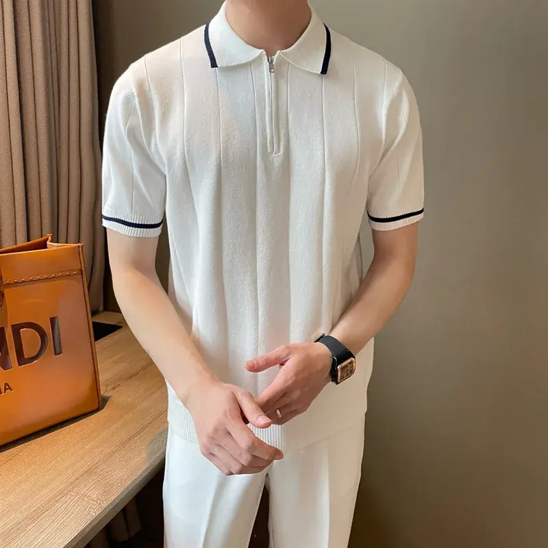 2024 Summer Korean Style Men's Half Zip-up Casual Knitted Top Short Sleeves Lapel Trendy Fashionable Knitted Polo Shirt