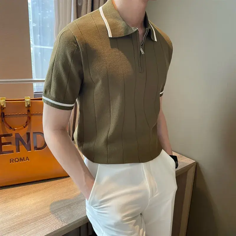 2024 Summer Korean Style Men's Half Zip-up Casual Knitted Top Short Sleeves Lapel Trendy Fashionable Knitted Polo Shirt