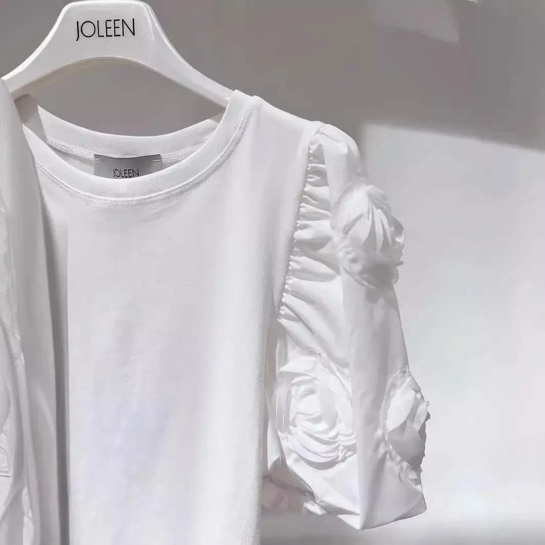Street Fashionable Floral Sleeve T-Shirt New Spring Summer 2024 Premium Quality Crew Neck Design Women's Streetwear