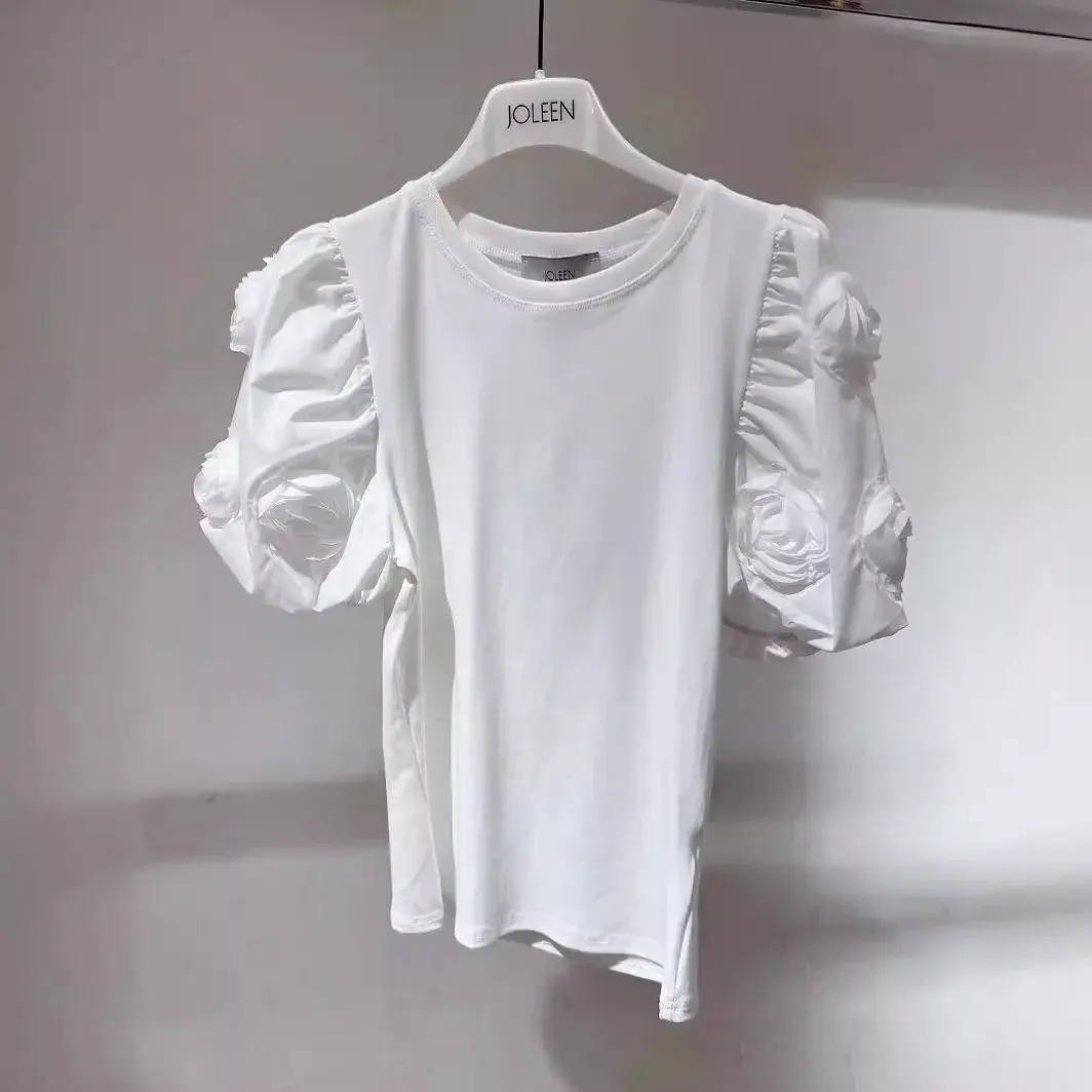 Street Fashionable Floral Sleeve T-Shirt New Spring Summer 2024 Premium Quality Crew Neck Design Women's Streetwear