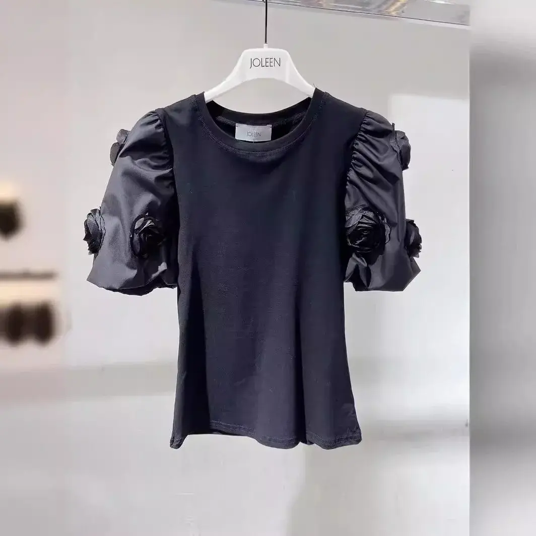 Street Fashionable Floral Sleeve T-Shirt New Spring Summer 2024 Premium Quality Crew Neck Design Women's Streetwear