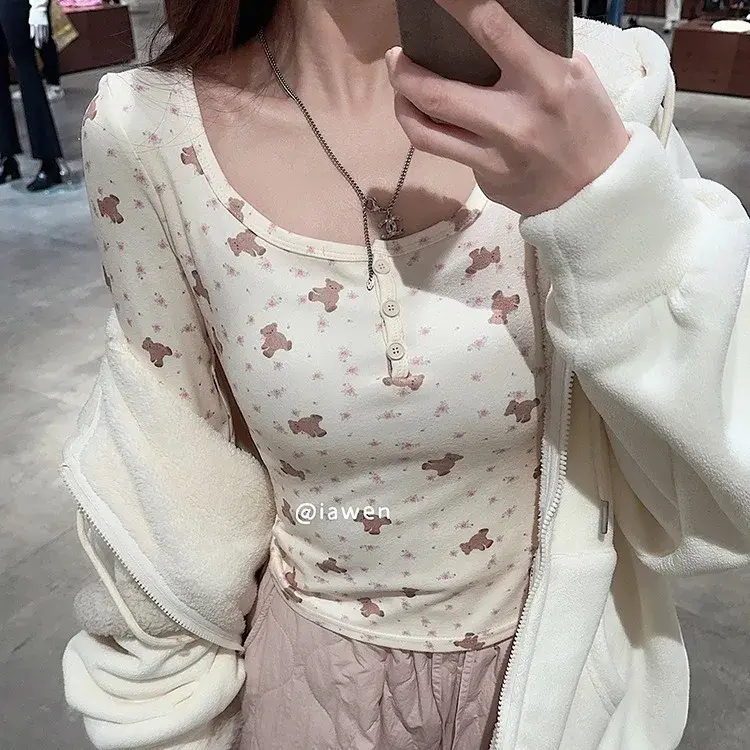 Women's Slim Fit Long Sleeve T-Shirt Autumn Winter Thermal Base Layer Shirt Cartoon Bear Print Fleece Lined Brushed Interior