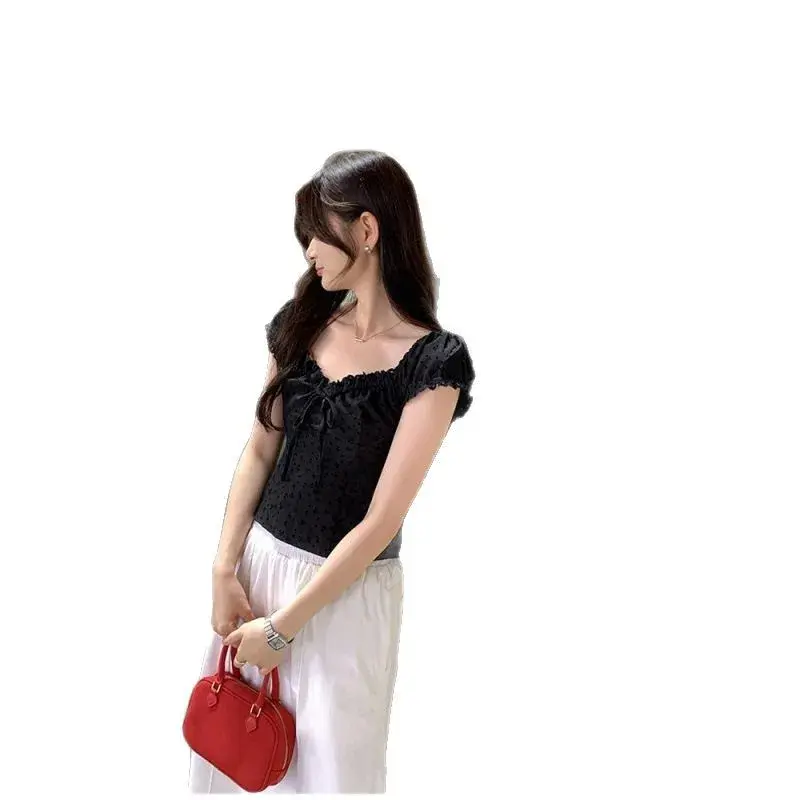 French Style Sweet And Spicy Black Lace Trim Short Sleeve Women's Summer Bubble Top Drawstring Slimming Short Length Blouse