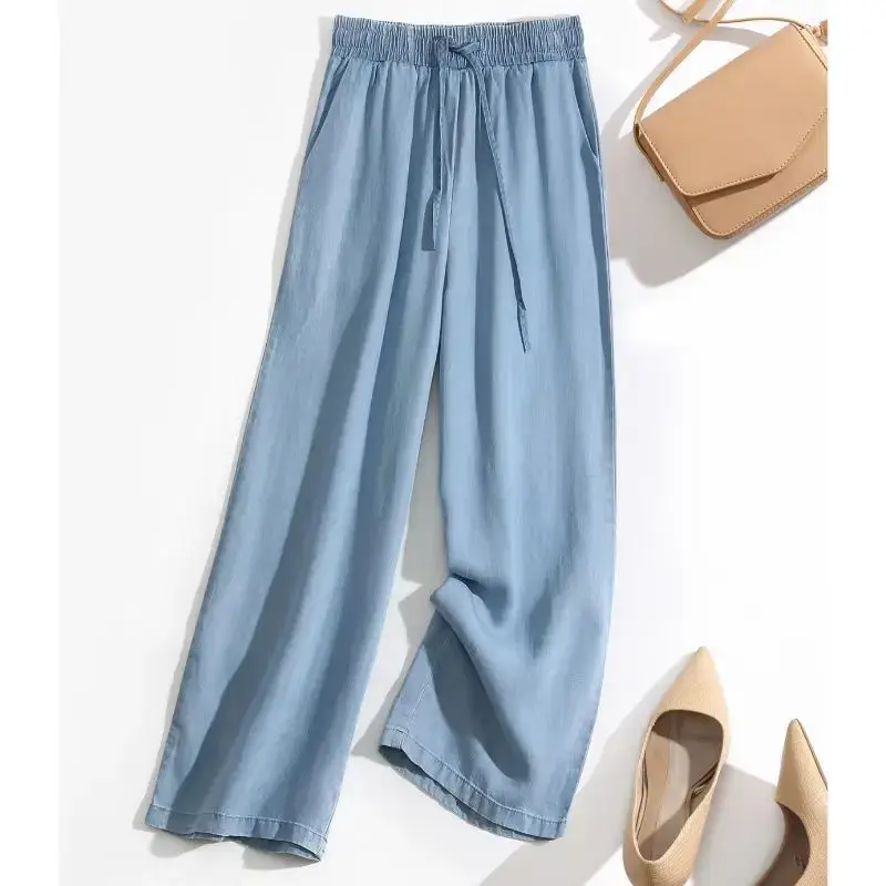 Summer Thin Drapey Elastic High Waist Tencel Denim Wide Leg Pants Women Nine Points Loose Ice Silk Straight Leg Pants plus Size