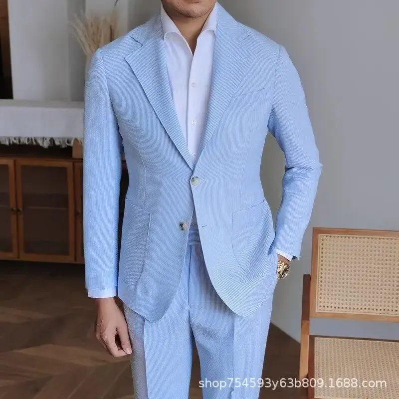 Autumn Thin Striped Seersucker Western-style Suit Men's British Gentleman Casual Fashionable Striped Suits Trendy