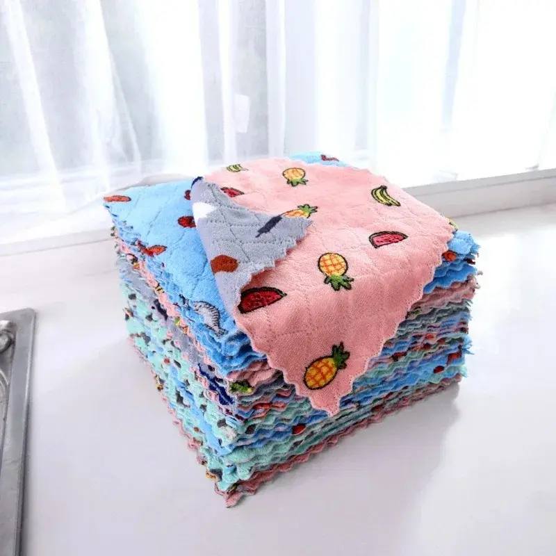 Thickened Cartoon Printing Brush Dishcloth Coral Fleece Double-Sided Scrubbing Cloth Oil-Free Multifunctional Cleaning Cloth