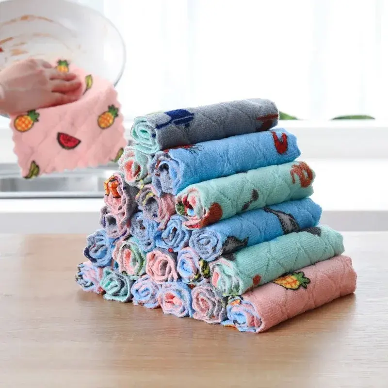 Thickened Cartoon Printing Brush Dishcloth Coral Fleece Double-Sided Scrubbing Cloth Oil-Free Multifunctional Cleaning Cloth