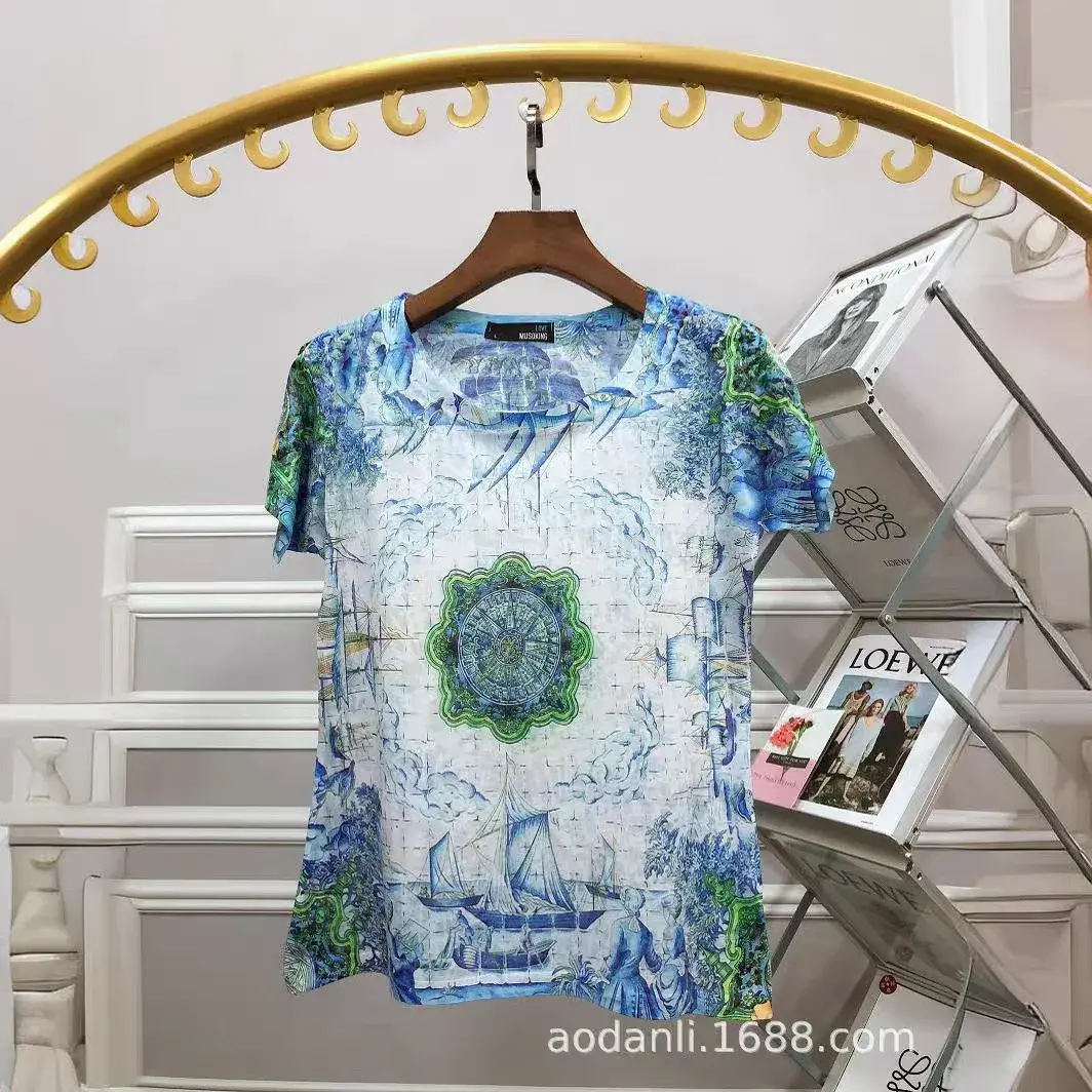 Fashionable Silk Cotton Women's Short Sleeve T-Shirt Elegant Round Neck Colorful Printed Top Summer Cross-Border Trade