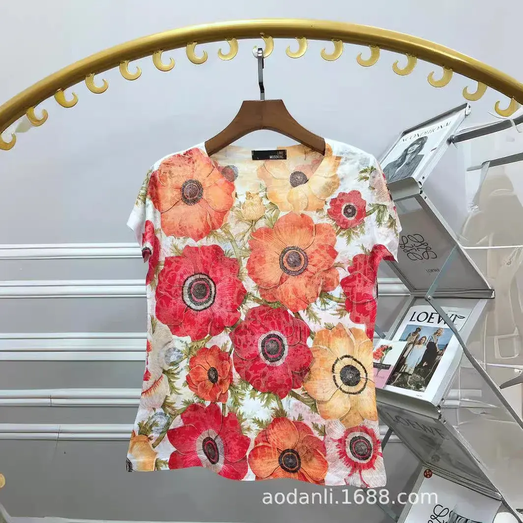 Fashionable Silk Cotton Women's Short Sleeve T-Shirt Elegant Round Neck Colorful Printed Top Summer Cross-Border Trade