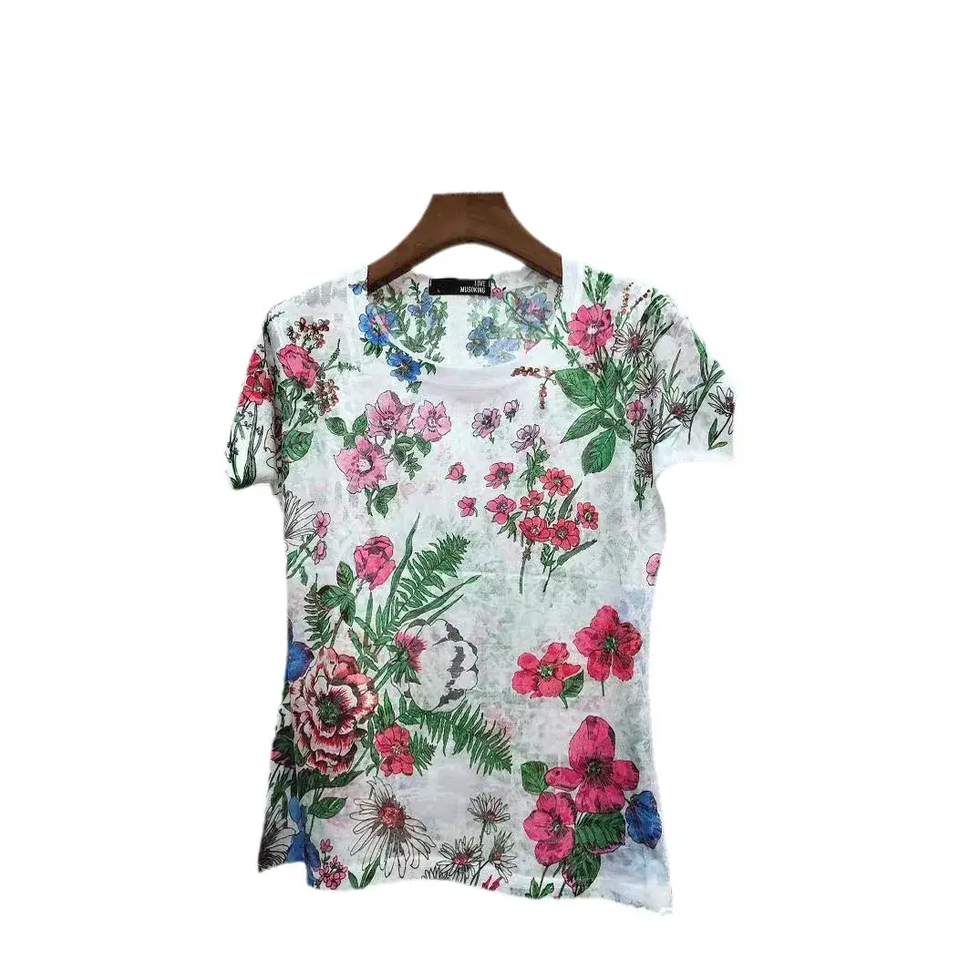 Fashionable Silk Cotton Women's Short Sleeve T-Shirt Elegant Round Neck Colorful Printed Top Summer Cross-Border Trade