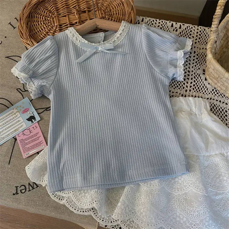 Korean Style Children's Clothing Summer New Arrival Girls' Bubble Sleeve Short Sleeve T-shirt Lace Skirt Two-Piece Set