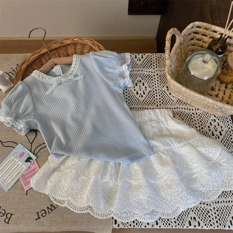 Korean Style Children's Clothing Summer New Arrival Girls' Bubble Sleeve Short Sleeve T-shirt Lace Skirt Two-Piece Set