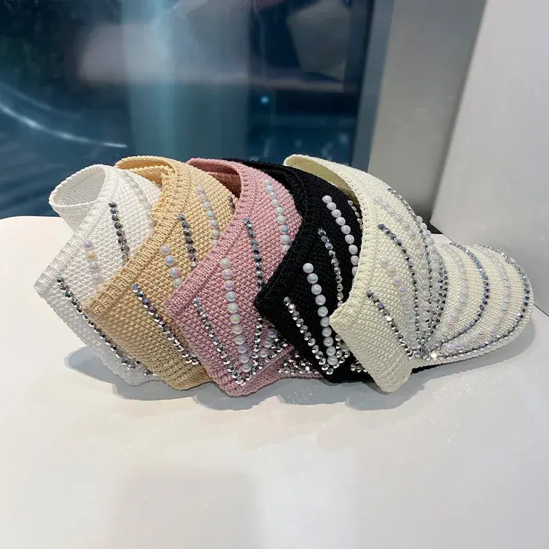 Fashionable Knitted Pearl And Rhinestone Embellished Women's Spring Summer Hat Empty Top Elegant Sunshade Duckbill Cap