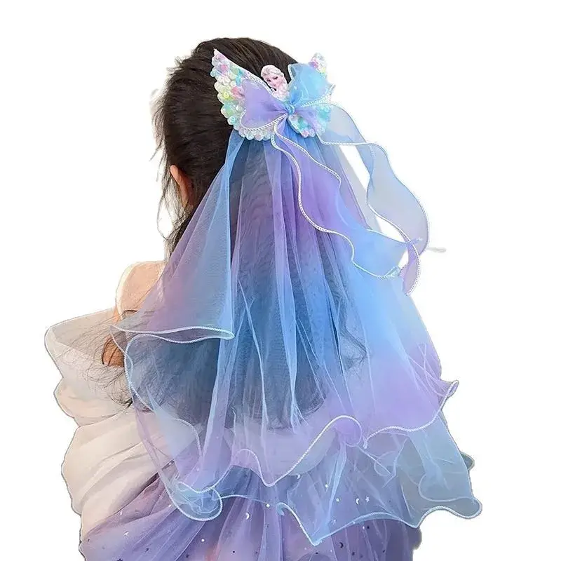 Gradual Color Butterfly Knot Hair Clip for Girls Soft Tulle Veil Princess Ice Queen Style Hair Accessories Child's Ponytail Clip