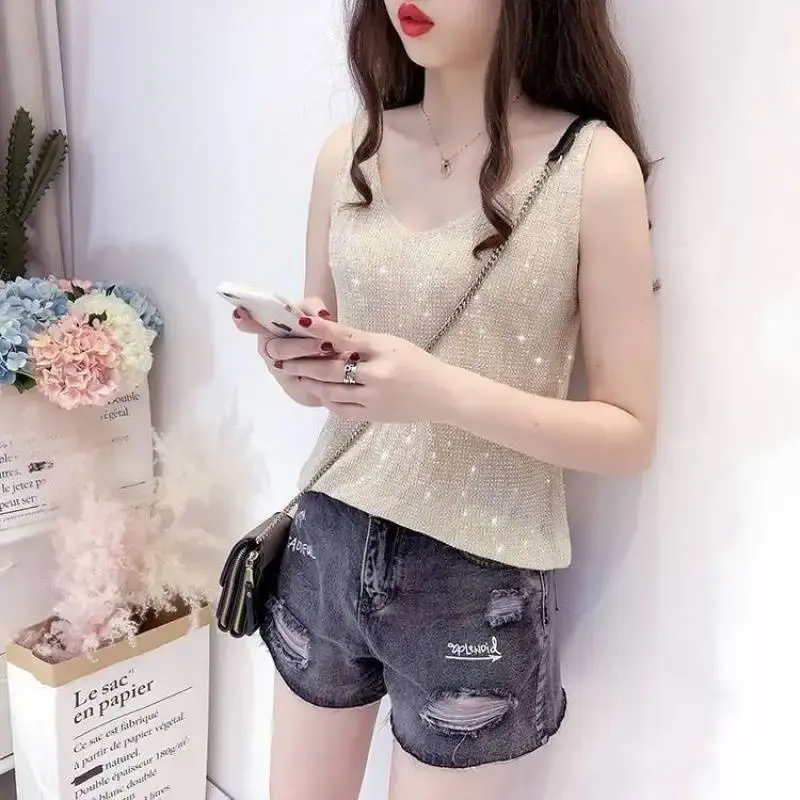 New 2025 Women's Ice Silk Diamond Embellished Tank Top Loose Short Sleeve Versatile Collar Base Shirt Summer Fashionable