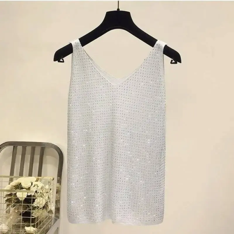 New 2025 Women's Ice Silk Diamond Embellished Tank Top Loose Short Sleeve Versatile Collar Base Shirt Summer Fashionable