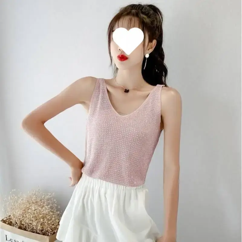 New 2025 Women's Ice Silk Diamond Embellished Tank Top Loose Short Sleeve Versatile Collar Base Shirt Summer Fashionable