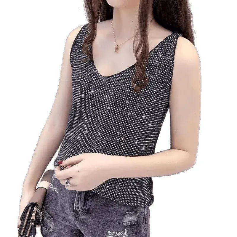 New 2025 Women's Ice Silk Diamond Embellished Tank Top Loose Short Sleeve Versatile Collar Base Shirt Summer Fashionable