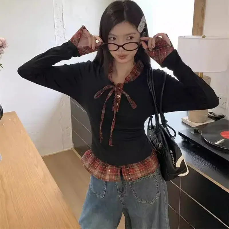 Original Craft Large Size Women's T-Shirt Spring Style Bow Tie Plaid Fake Two-Piece Slimming Top Quality High-End Feel