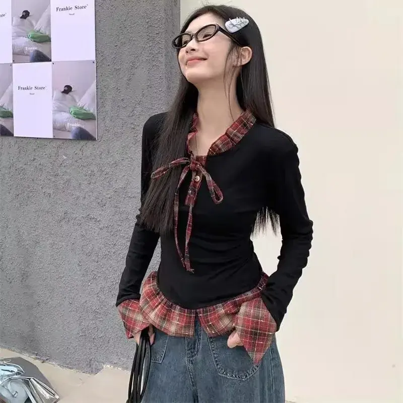 Original Craft Large Size Women's T-Shirt Spring Style Bow Tie Plaid Fake Two-Piece Slimming Top Quality High-End Feel