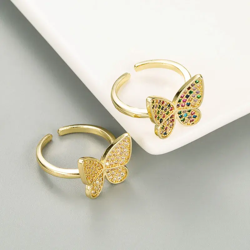 Korean Style Fashionable Fresh Supernatural Butterfly Shape Ring Pure Copper Gold Plated Diamond Inlaid Open Ring Hand Jewelry