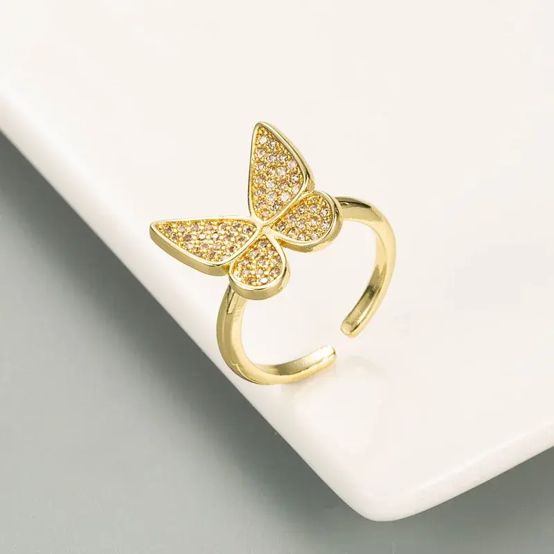 Korean Style Fashionable Fresh Supernatural Butterfly Shape Ring Pure Copper Gold Plated Diamond Inlaid Open Ring Hand Jewelry