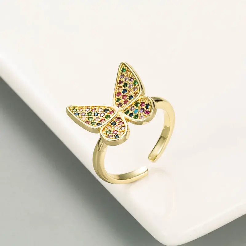Korean Style Fashionable Fresh Supernatural Butterfly Shape Ring Pure Copper Gold Plated Diamond Inlaid Open Ring Hand Jewelry