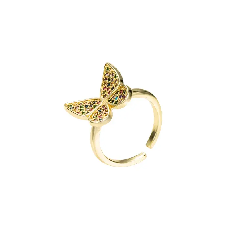 Korean Style Fashionable Fresh Supernatural Butterfly Shape Ring Pure Copper Gold Plated Diamond Inlaid Open Ring Hand Jewelry