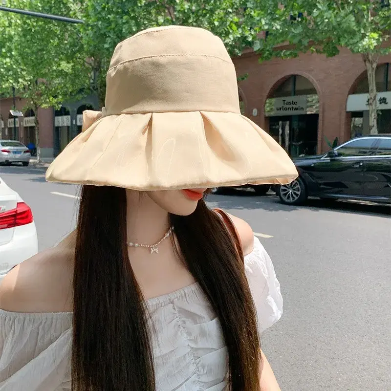 Fashionable Butterfly Knot Lace Fishing Hat Women Summer UV Protection Face Sunscreen Bucket Hat Beach Sand Beach Cap
