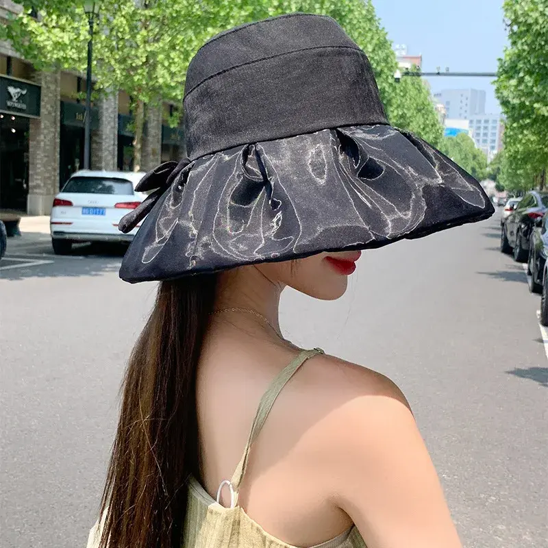 Fashionable Butterfly Knot Lace Fishing Hat Women Summer UV Protection Face Sunscreen Bucket Hat Beach Sand Beach Cap