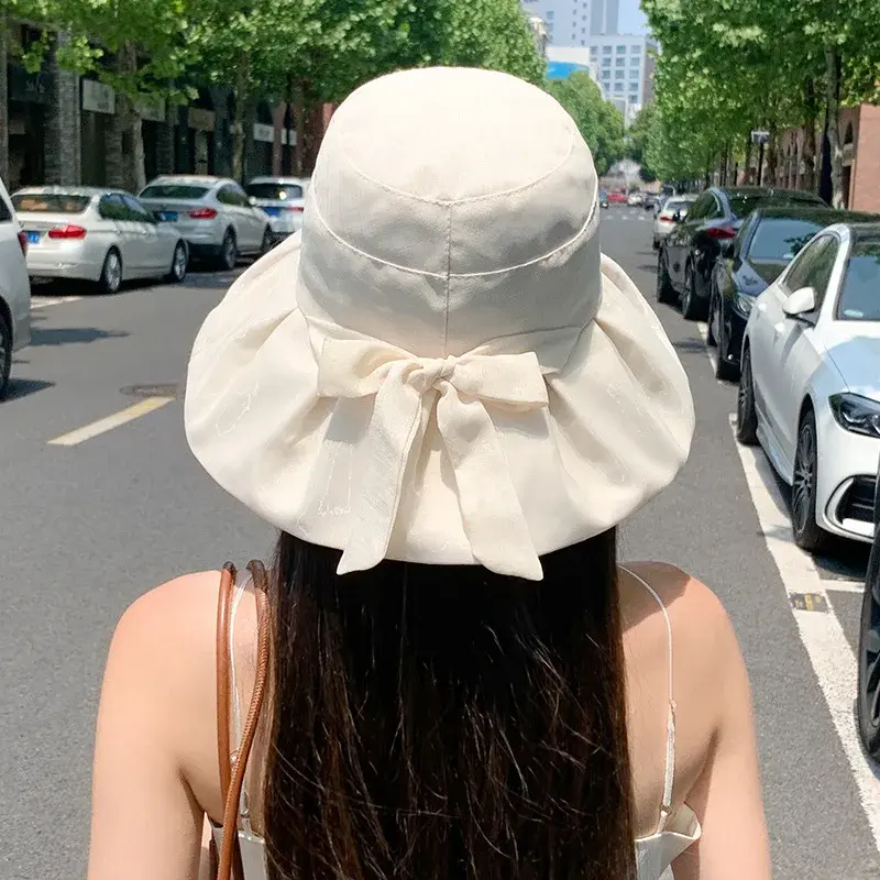 Fashionable Butterfly Knot Lace Fishing Hat Women Summer UV Protection Face Sunscreen Bucket Hat Beach Sand Beach Cap