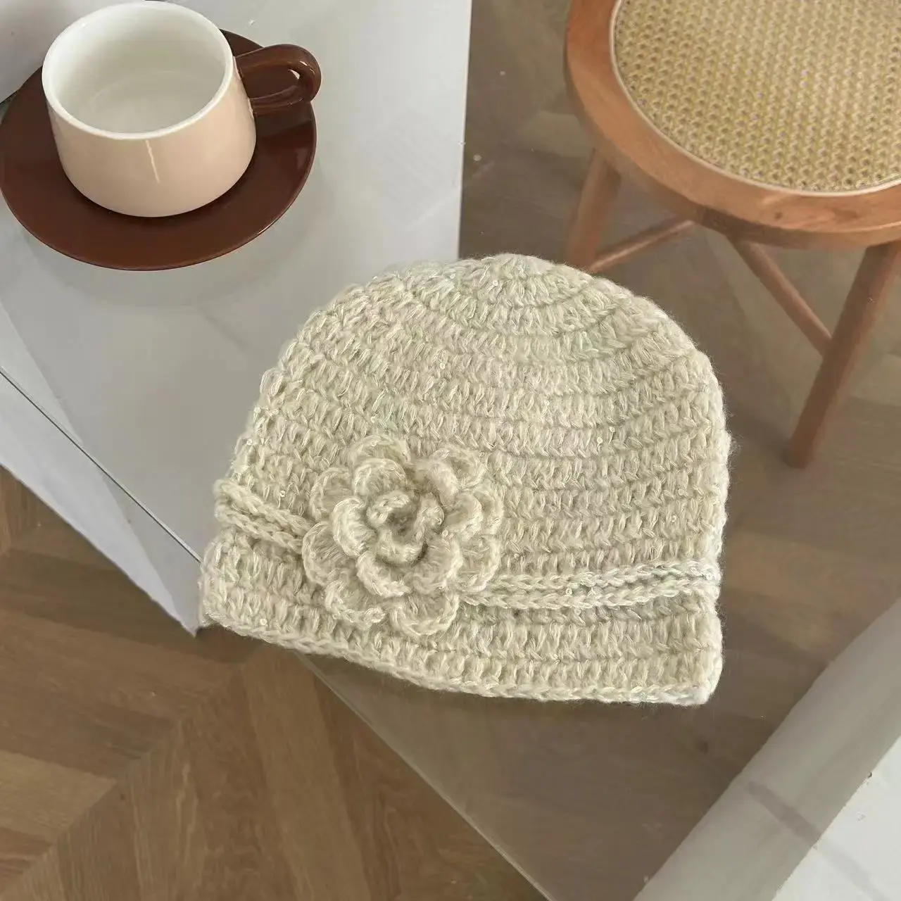 Women's Knitted Hat with Scarf Fine Shiny Flower All-Match Autumn Winter Small Face Ins Cute Lace Net Cap Chinese Brand