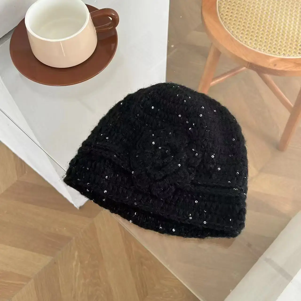Women's Knitted Hat with Scarf Fine Shiny Flower All-Match Autumn Winter Small Face Ins Cute Lace Net Cap Chinese Brand
