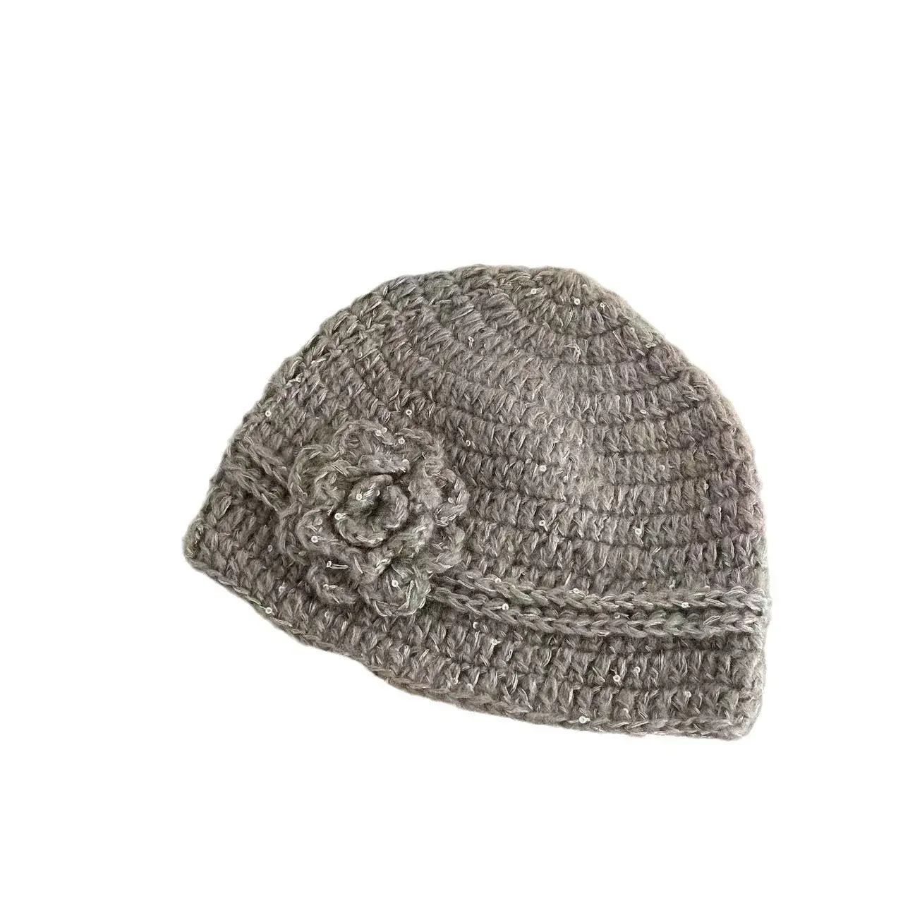 Women's Knitted Hat with Scarf Fine Shiny Flower All-Match Autumn Winter Small Face Ins Cute Lace Net Cap Chinese Brand