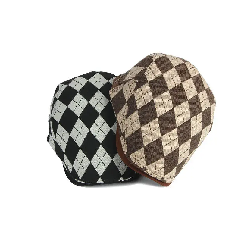 Spring Autumn Unisex Retro Beret Hat Adjustable Diamond Pattern Advance Cap Women's Short Brim Duckbill Cap Cross-Border