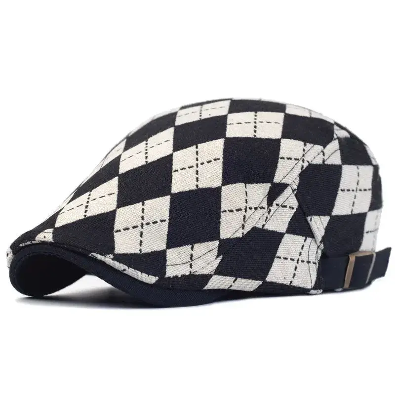 Spring Autumn Unisex Retro Beret Hat Adjustable Diamond Pattern Advance Cap Women's Short Brim Duckbill Cap Cross-Border