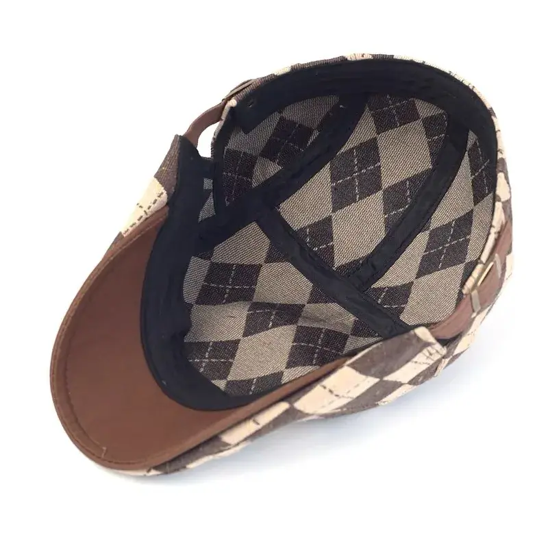 Spring Autumn Unisex Retro Beret Hat Adjustable Diamond Pattern Advance Cap Women's Short Brim Duckbill Cap Cross-Border