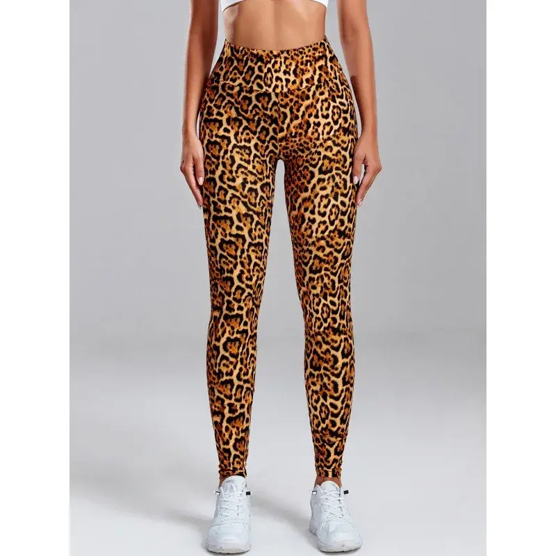 Fashionable Leopard Print High-waisted Elastic Leggings Digital Printing Slimming Yoga Dance Trousers European American Style
