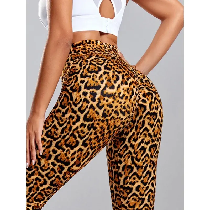 Fashionable Leopard Print High-waisted Elastic Leggings Digital Printing Slimming Yoga Dance Trousers European American Style