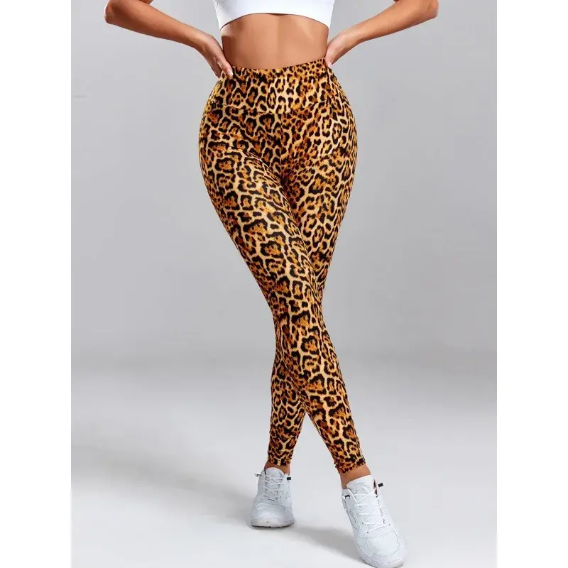 Fashionable Leopard Print High-waisted Elastic Leggings Digital Printing Slimming Yoga Dance Trousers European American Style