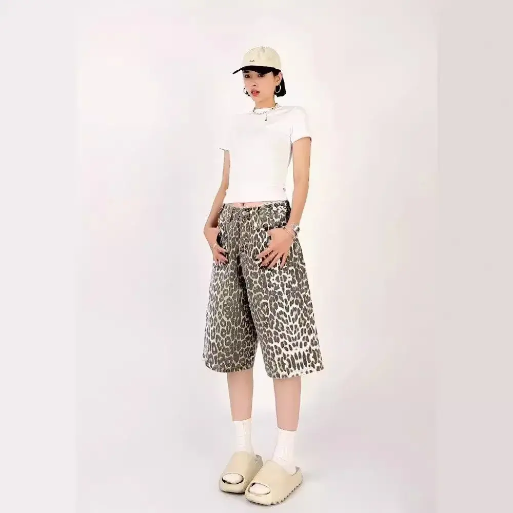 Summer Loose-fit Casual Trendy Leopard Print Men's Women's Shorts Versatile Korean Style Mid-length Denim Shorts