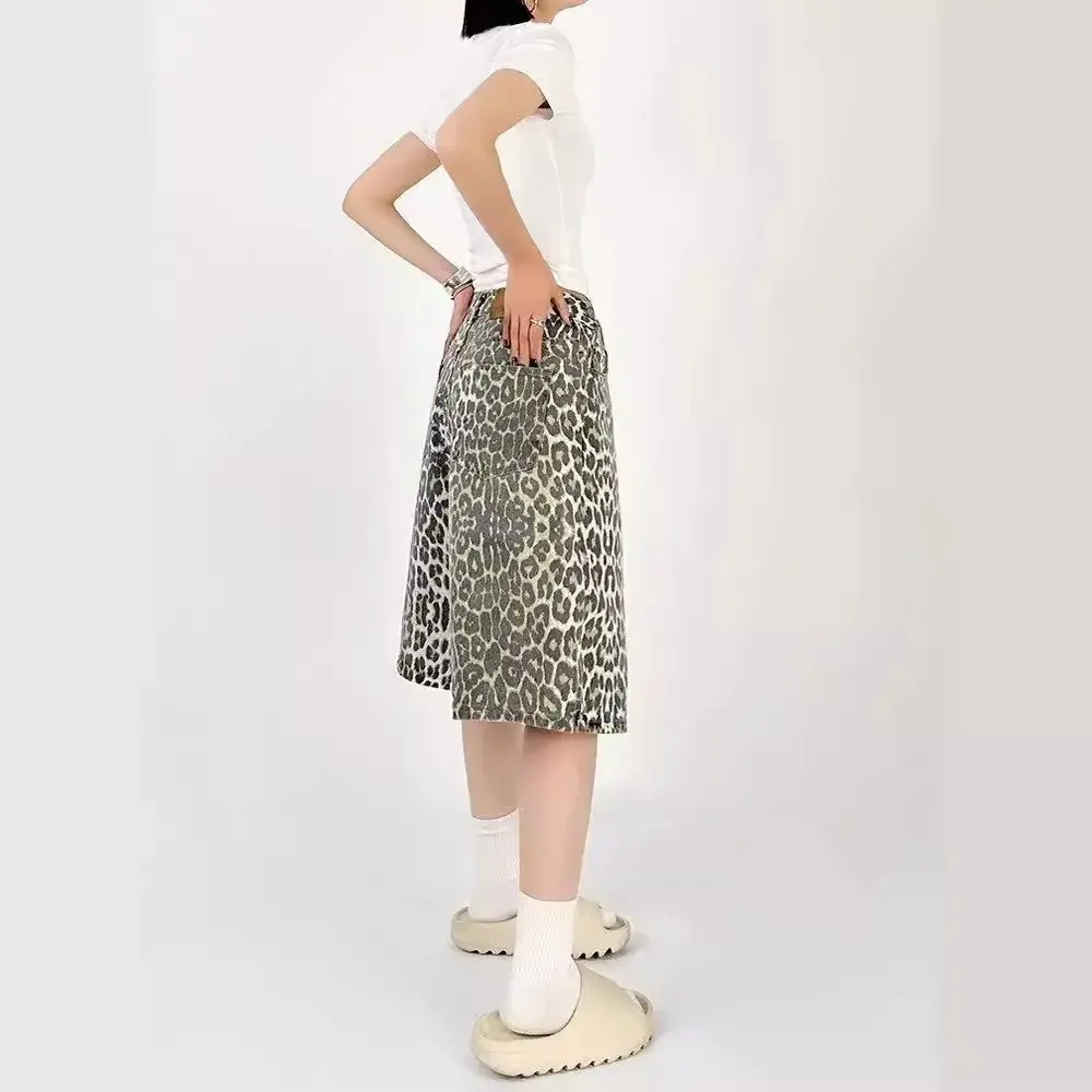 Summer Loose-fit Casual Trendy Leopard Print Men's Women's Shorts Versatile Korean Style Mid-length Denim Shorts