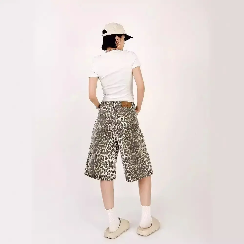 Summer Loose-fit Casual Trendy Leopard Print Men's Women's Shorts Versatile Korean Style Mid-length Denim Shorts