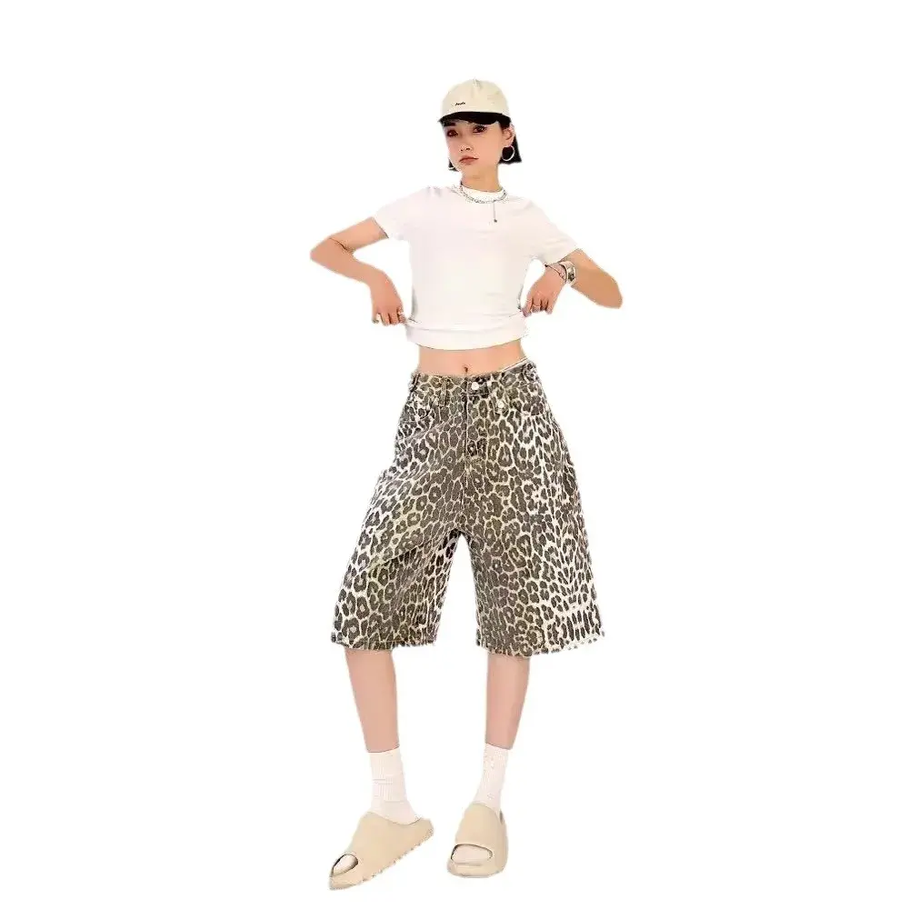 Summer Loose-fit Casual Trendy Leopard Print Men's Women's Shorts Versatile Korean Style Mid-length Denim Shorts