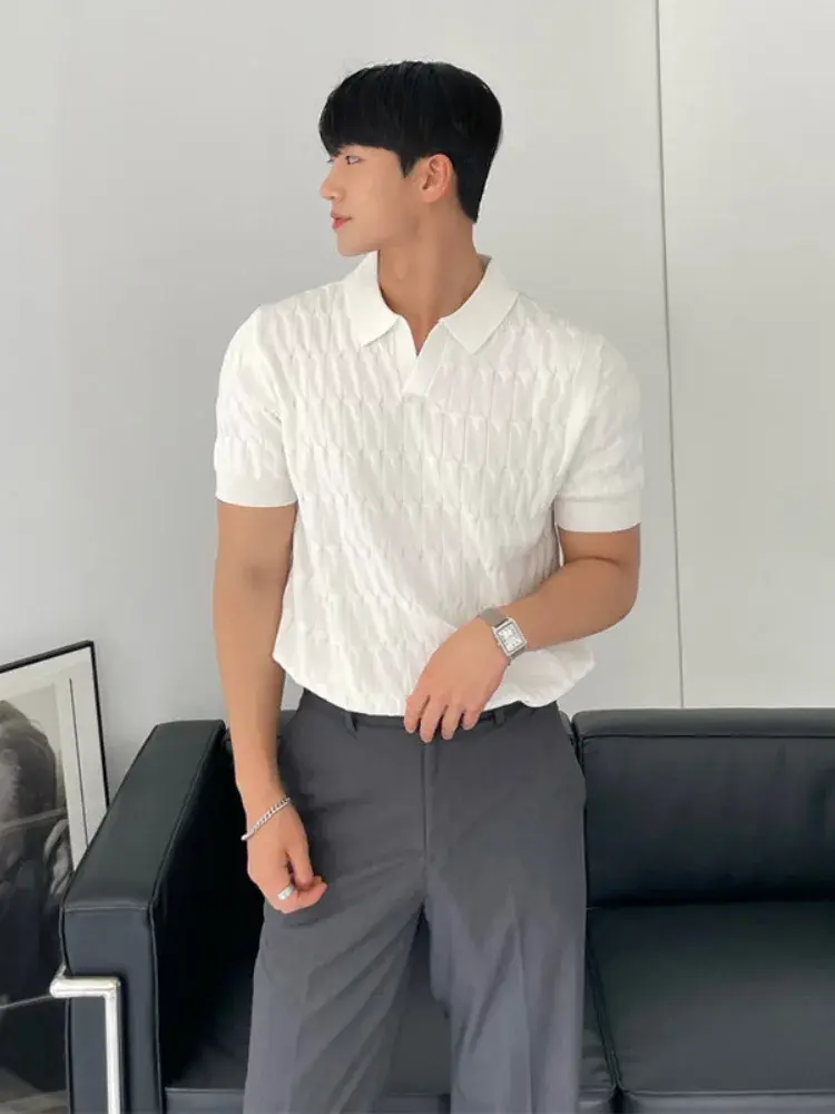 Summer High-end Feel Polo Shirt Men's Casual Thin Half Sleeve Knit Top Slimming Effect Korean Style Solid Color Fashion